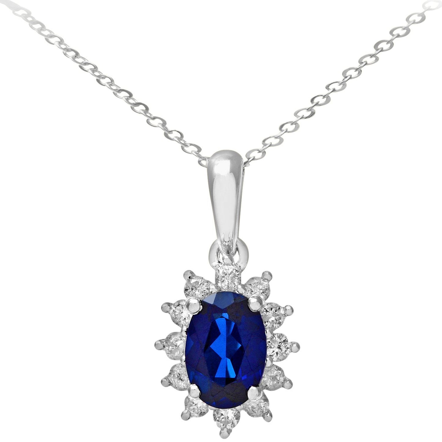 9ct White Gold  1/4ct Diamond Oval Sapphire Cluster Necklace 18" - PP0AXL5203W-SA