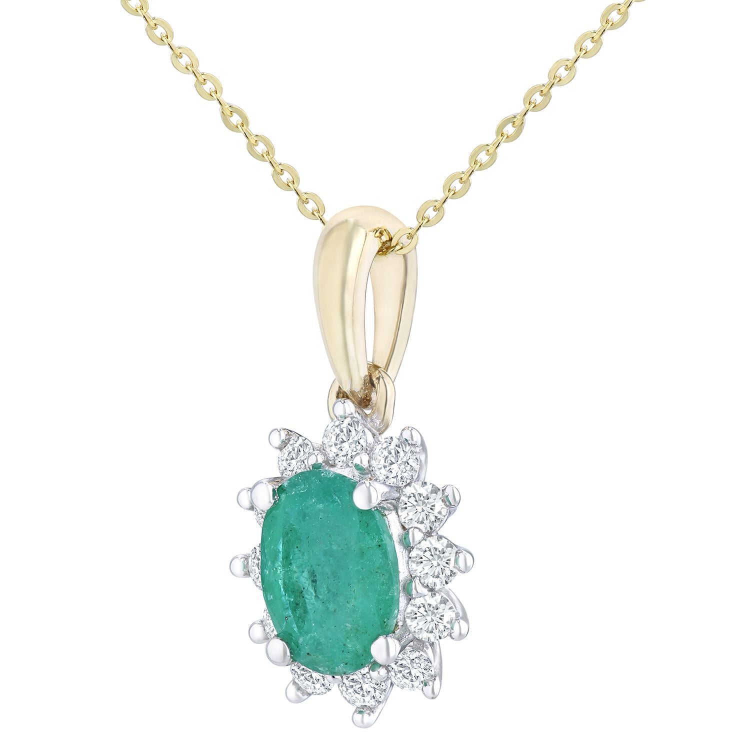 9ct Gold  1/4ct Diamond Oval 0.6ct Emerald Cluster Necklace 18" - PP0AXL5203Y-EM