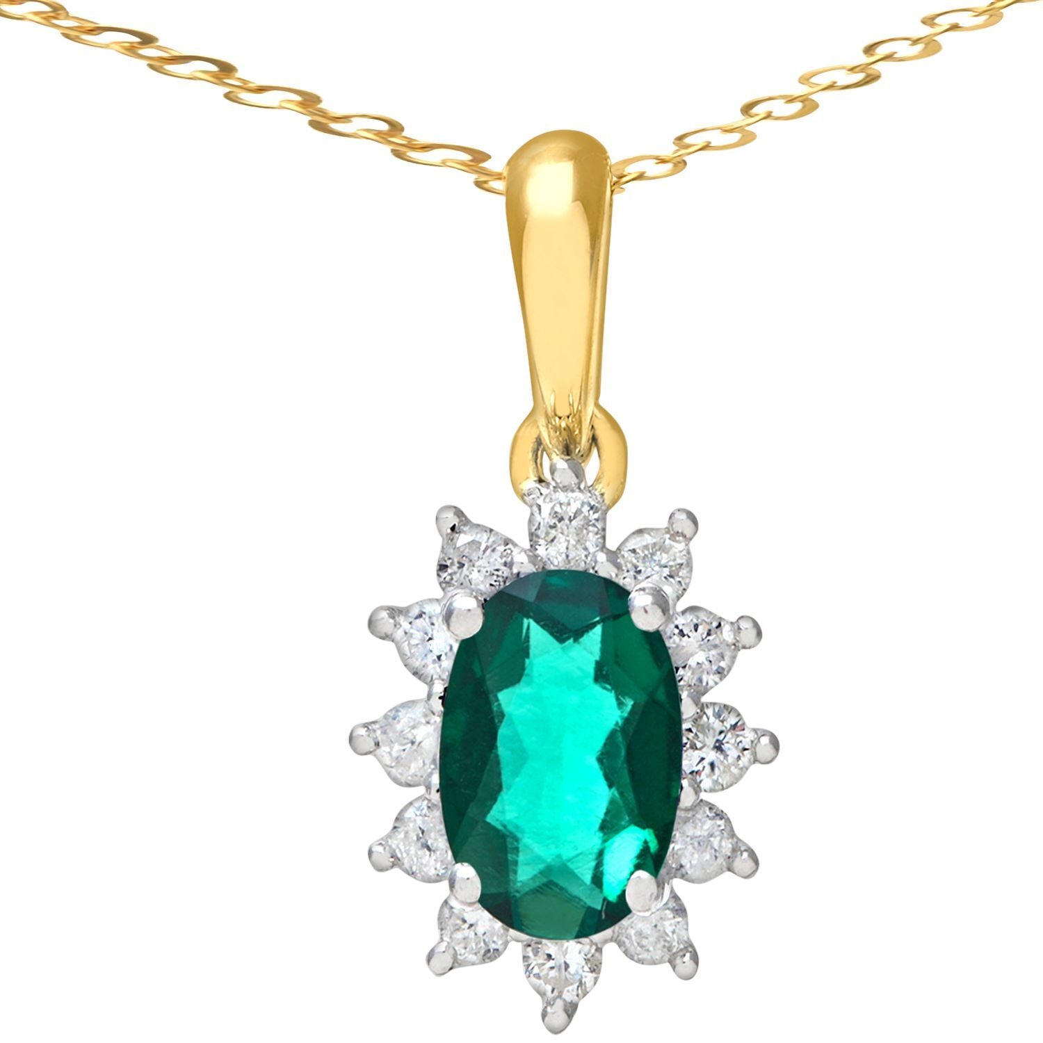 9ct Gold  1/4ct Diamond Oval 0.6ct Emerald Cluster Necklace 18" - PP0AXL5203Y-EM