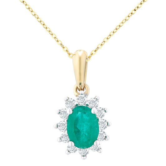 9ct Gold  1/4ct Diamond Oval 0.6ct Emerald Cluster Necklace 18" - PP0AXL5203Y-EM