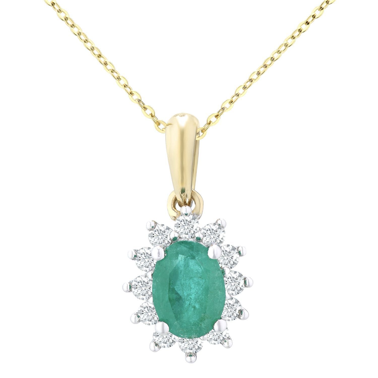 9ct Gold  1/4ct Diamond Oval 0.6ct Emerald Cluster Necklace 18" - PP0AXL5203Y-EM