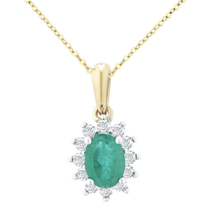 9ct Gold  1/4ct Diamond Oval 0.6ct Emerald Cluster Necklace 18" - PP0AXL5203Y-EM