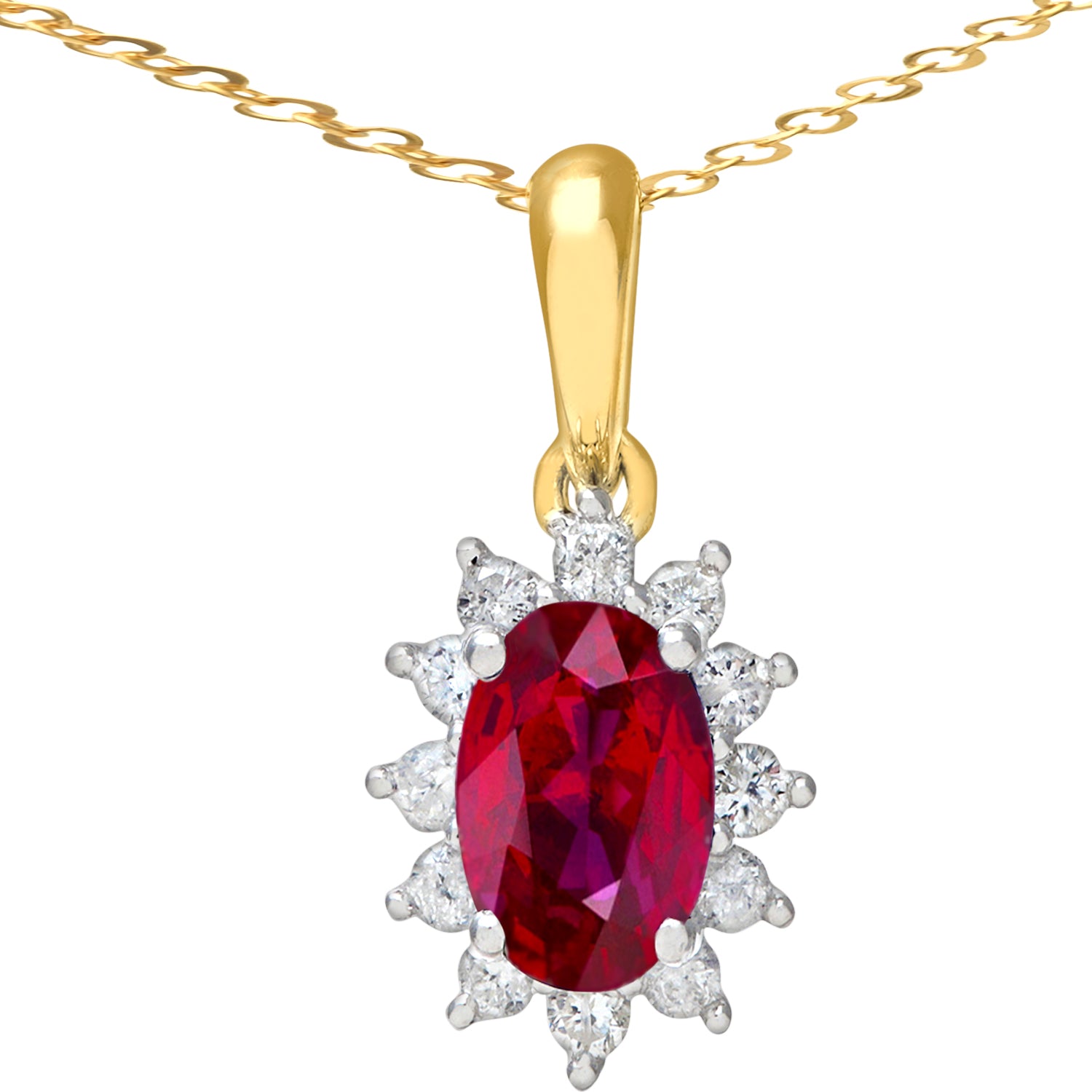 9ct Gold  1/4ct Diamond Oval 1.1ct Ruby Cluster Necklace 18" - PP0AXL5203Y-RU