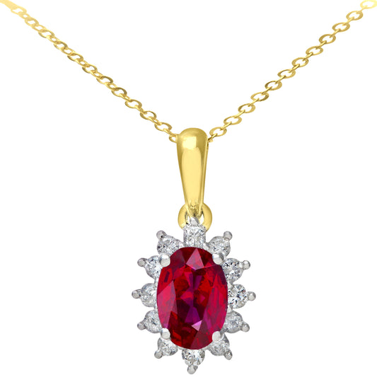 9ct Gold  1/4ct Diamond Oval 1.1ct Ruby Cluster Necklace 18" - PP0AXL5203Y-RU