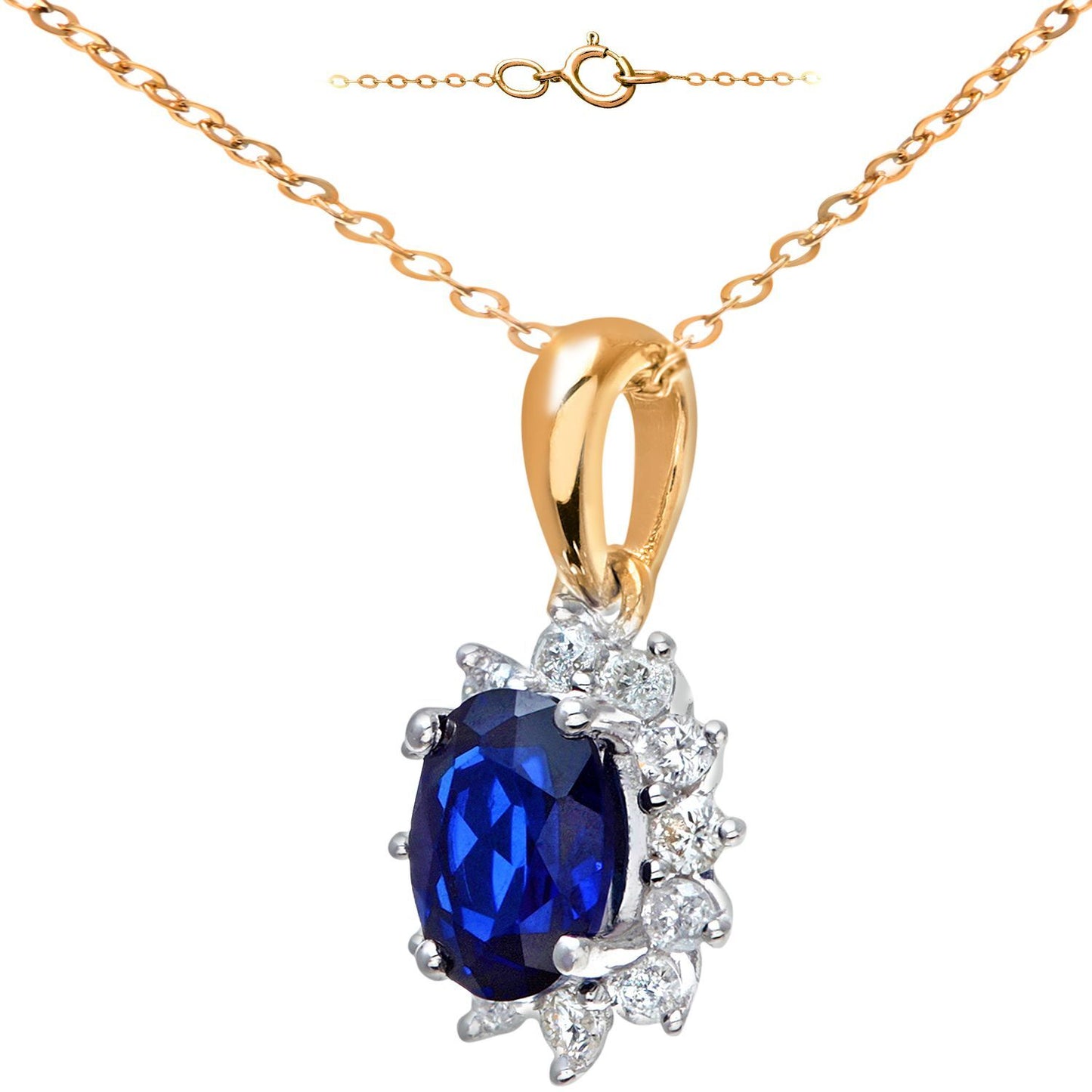 9ct Gold  1/4ct Diamond Oval 1.1ct Sapphire Cluster Necklace 18" - PP0AXL5203Y-SA