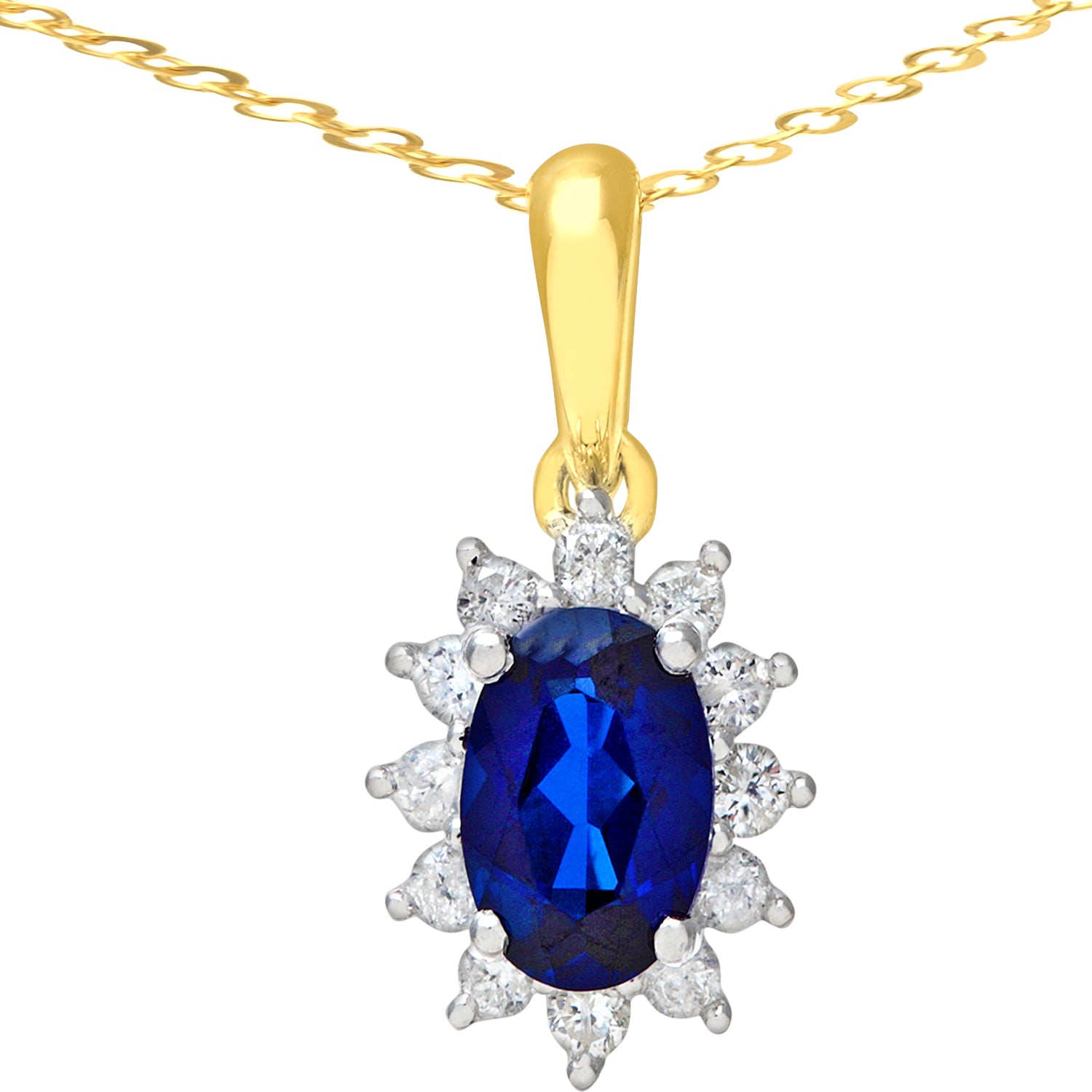 9ct Gold  1/4ct Diamond Oval 1.1ct Sapphire Cluster Necklace 18" - PP0AXL5203Y-SA