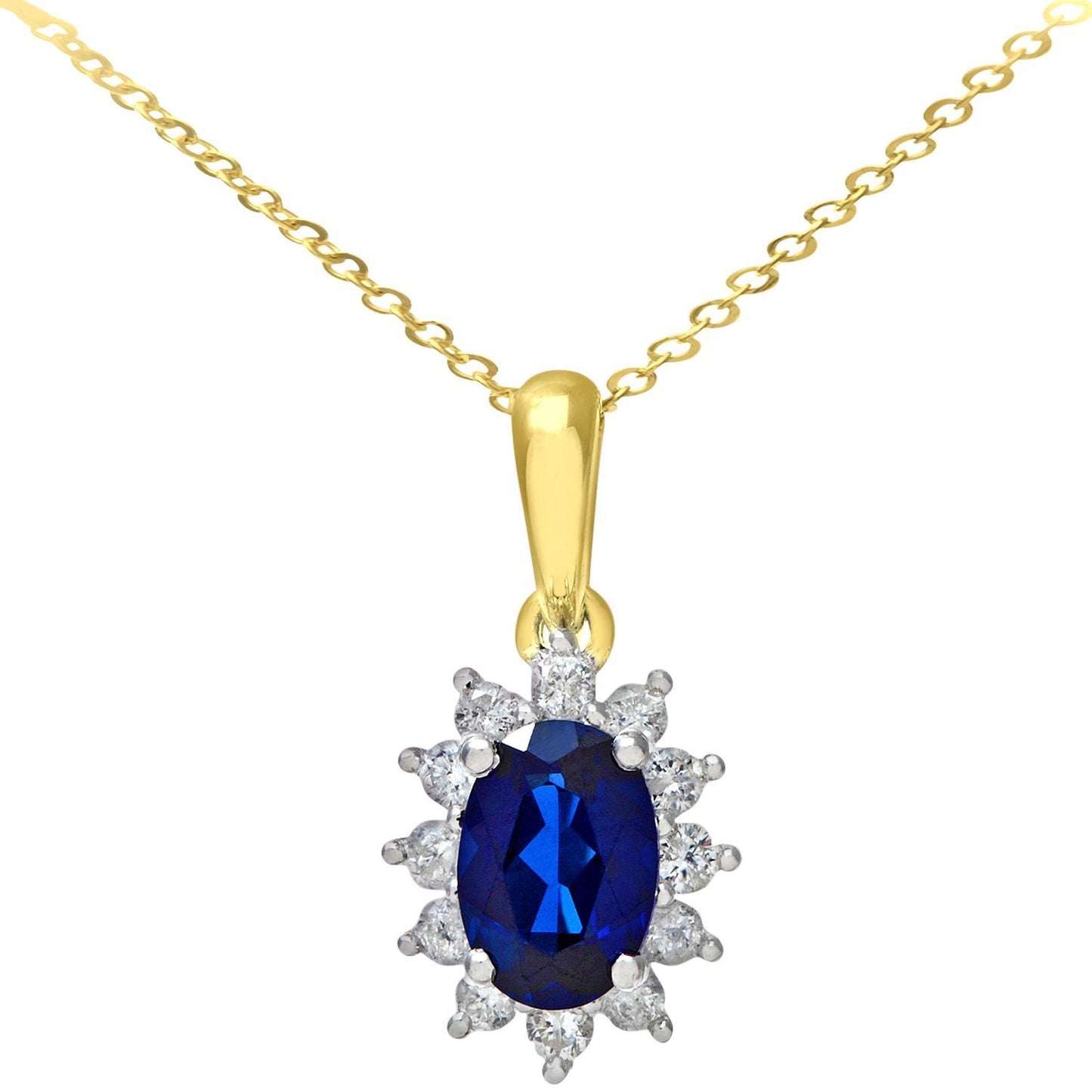 9ct Gold  1/4ct Diamond Oval 1.1ct Sapphire Cluster Necklace 18" - PP0AXL5203Y-SA