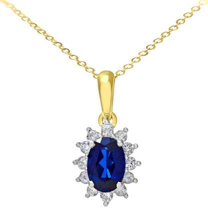 9ct Gold  1/4ct Diamond Oval 1.1ct Sapphire Cluster Necklace 18" - PP0AXL5203Y-SA