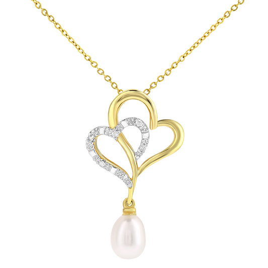 9ct Gold  2pts Diamond Oval Pearl 5mm Heart Pendant Necklace 18" - PP0AXL5414YPRL