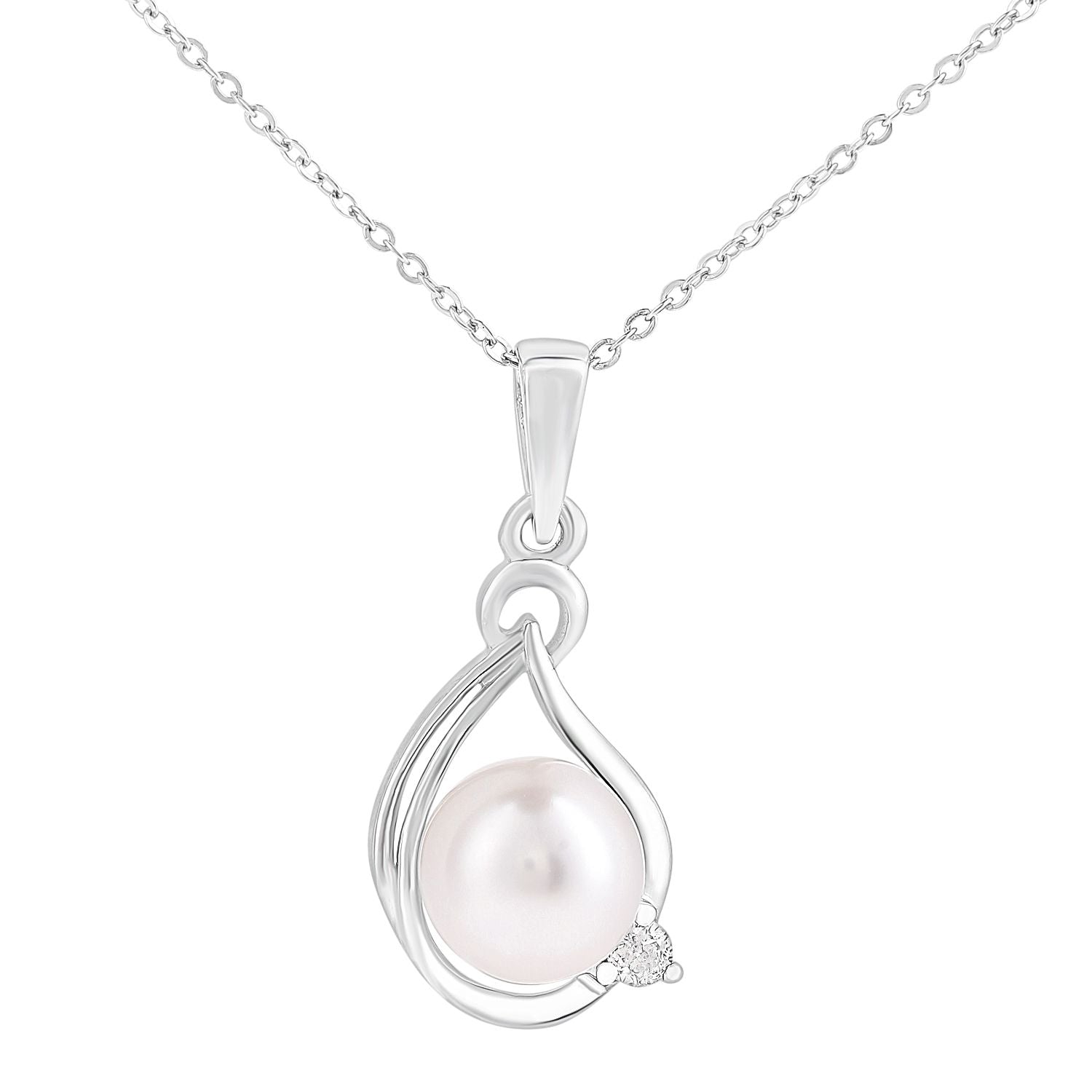 9ct White Gold  3pts Diamond Pearl 6.5mm Teardrop Necklace 18" - PP0AXL5498WPRL