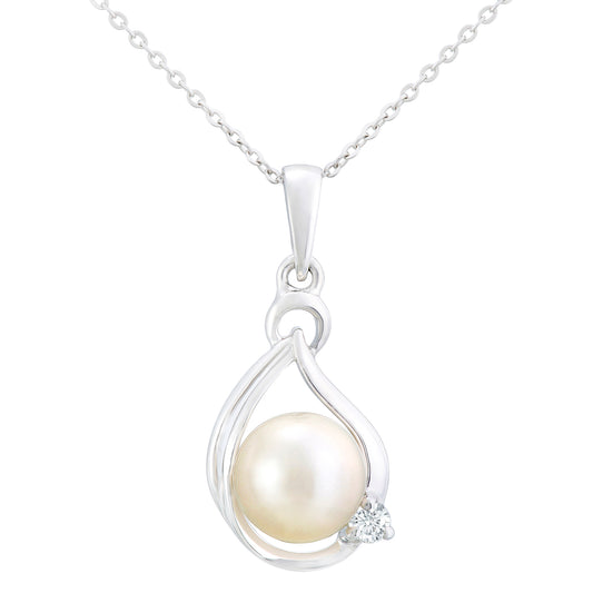 9ct White Gold  3pts Diamond Pearl 6.5mm Teardrop Necklace 18" - PP0AXL5498WPRL