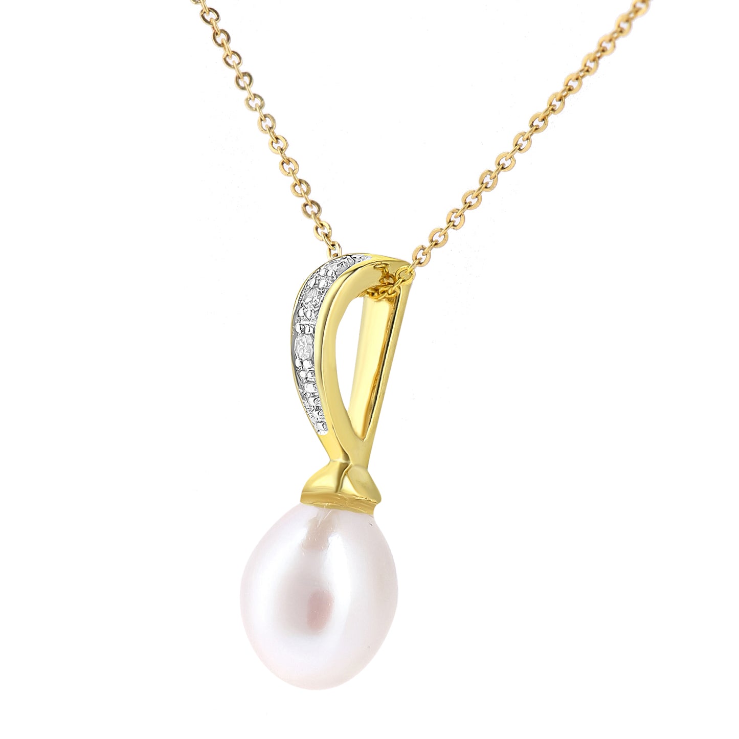 9ct Gold  3pts Diamond Oval Pearl 7x9mm Lollipop Moon Necklace 18" - PP0AXL5686YPRL