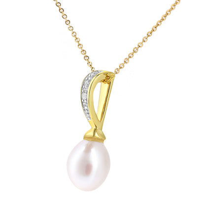 9ct Gold  3pts Diamond Oval Pearl 7x9mm Lollipop Moon Necklace 18" - PP0AXL5686YPRL