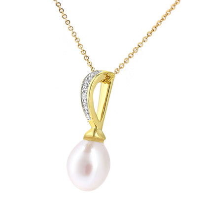 9ct Gold  3pts Diamond Oval Pearl 7x9mm Lollipop Moon Necklace 18" - PP0AXL5686YPRL