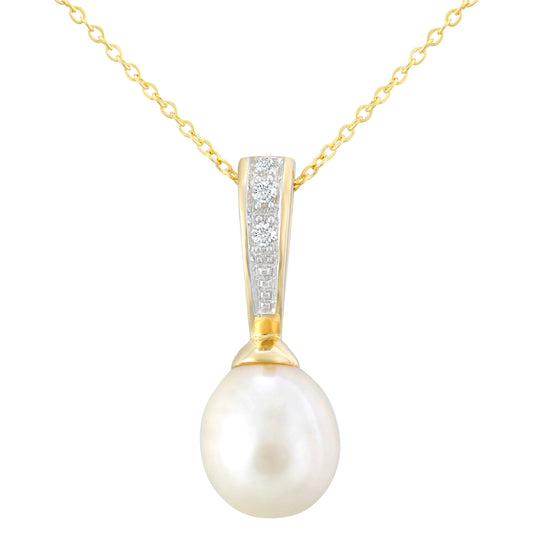 9ct Gold  3pts Diamond Oval Pearl 7x9mm Lollipop Moon Necklace 18" - PP0AXL5686YPRL