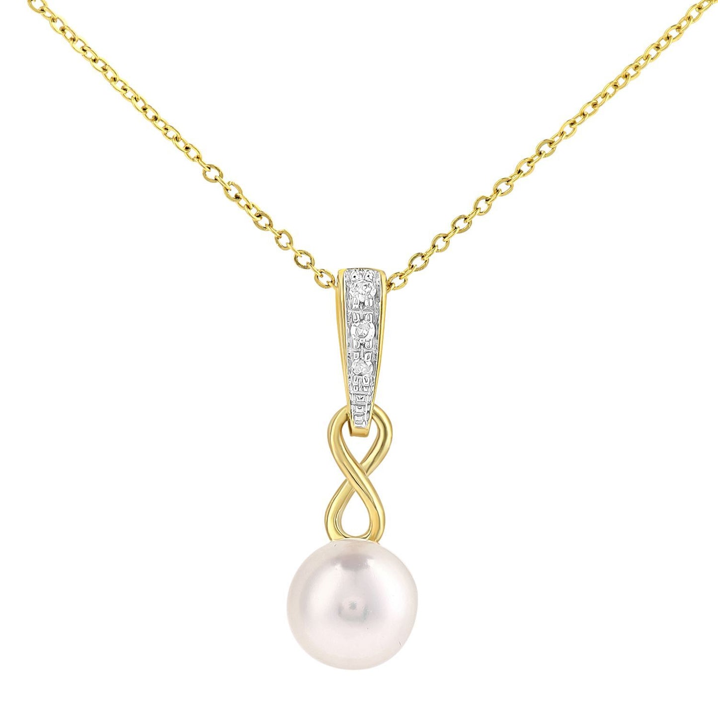 9ct Gold  2pts Diamond Pearl 6mm Infinity Pendant Necklace 18 inch - PP0AXL5759YPRL