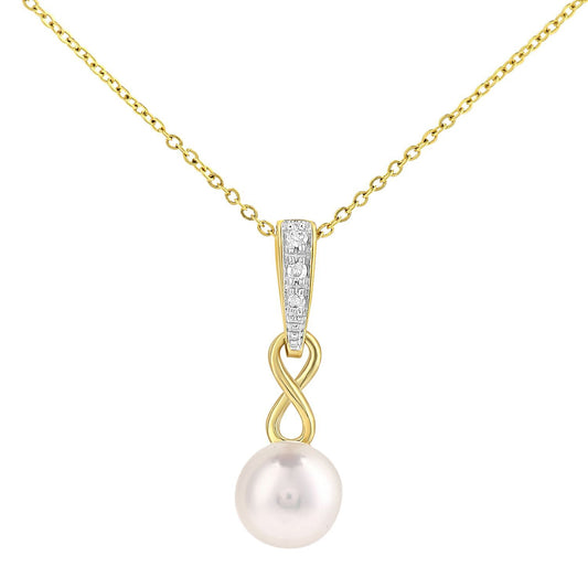 9ct Gold  2pts Diamond Pearl 6mm Infinity Pendant Necklace 18 inch - PP0AXL5759YPRL
