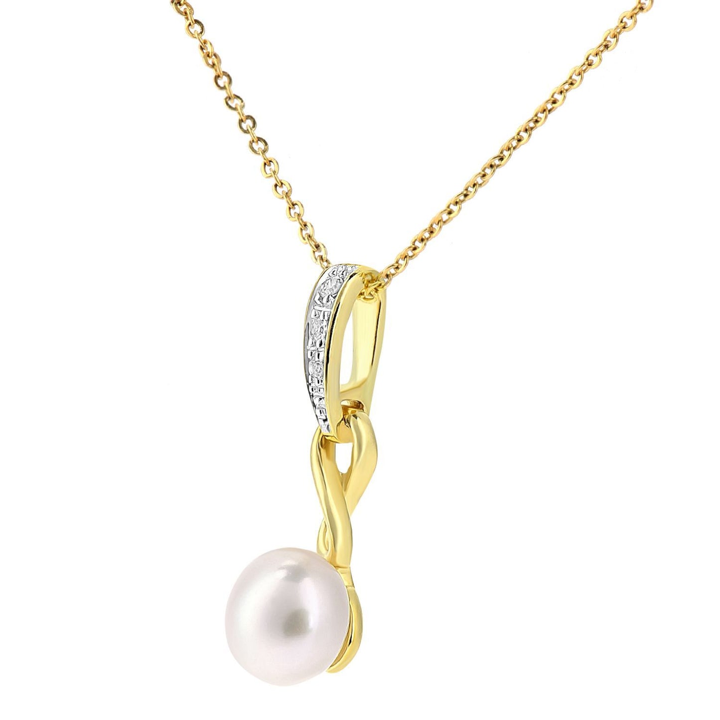 9ct Gold  2pts Diamond Pearl 6mm Infinity Pendant Necklace 18 inch - PP0AXL5759YPRL