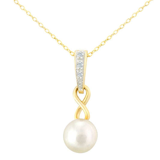 9ct Gold  2pts Diamond Pearl 6mm Infinity Pendant Necklace 18 inch - PP0AXL5759YPRL
