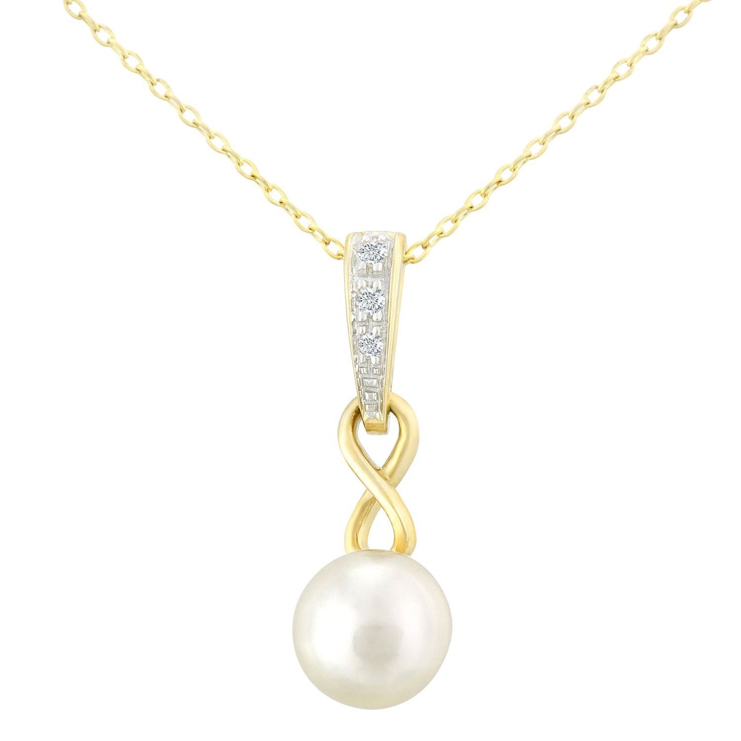 9ct Gold  2pts Diamond Pearl 6mm Infinity Pendant Necklace 18 inch - PP0AXL5759YPRL
