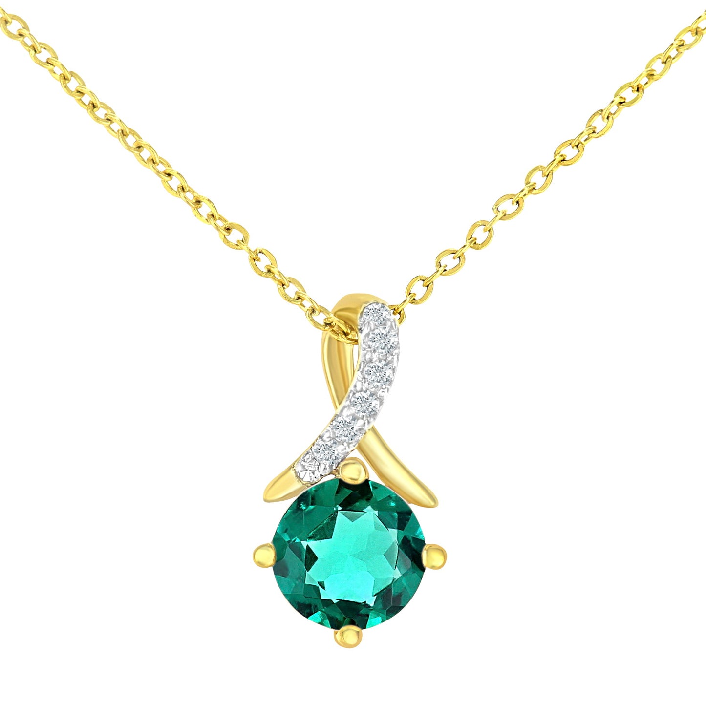 9ct Gold  2pts Diamond 0.37ct Created Emerald Kiss Necklace 18" - PP0AXL5929YCEM