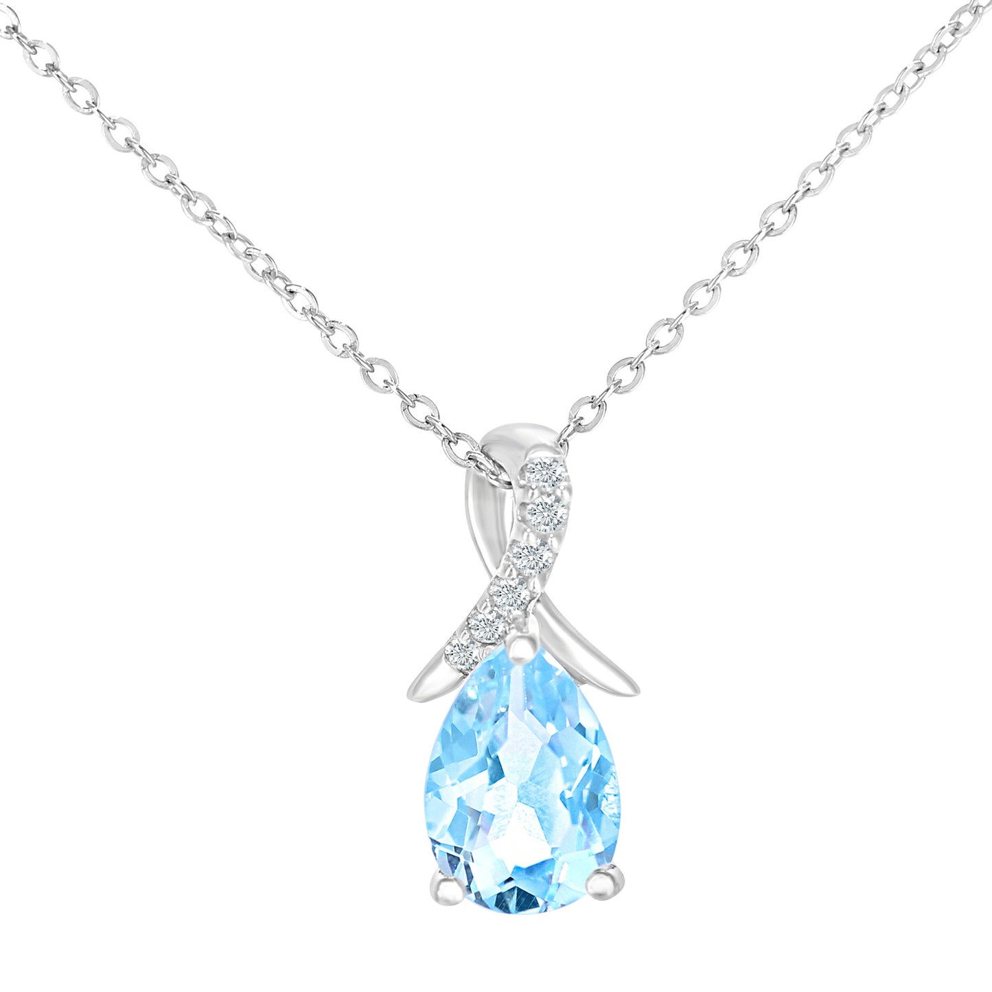 9ct White Gold  Diamond Pear 0.61ct Blue Topaz Kiss Necklace 18" - PP0AXL5931WBT
