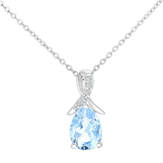 9ct White Gold  Diamond Pear 0.61ct Blue Topaz Kiss Necklace 18" - PP0AXL5931WBT