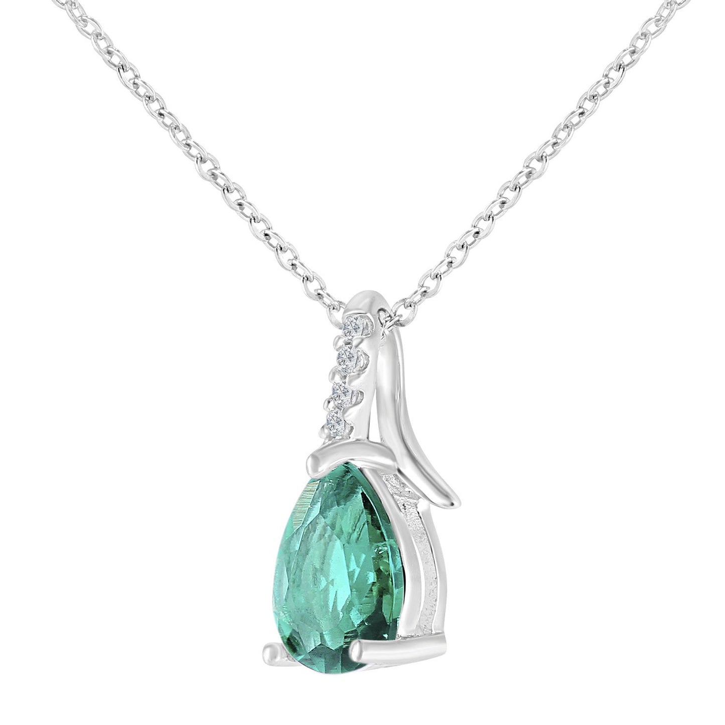 9ct White Gold  Diamond Pear Created Emerald Kiss Necklace 18" - PP0AXL5931WCEM