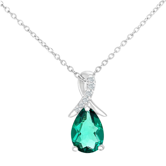 9ct White Gold  Diamond Pear Created Emerald Kiss Necklace 18" - PP0AXL5931WCEM
