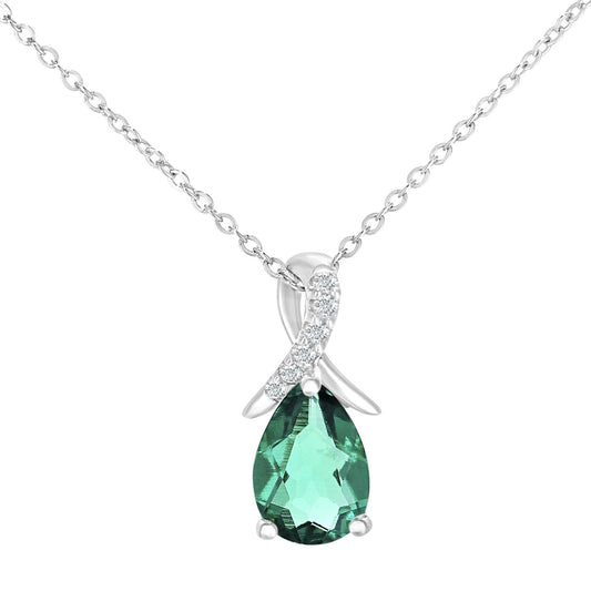 9ct White Gold  Diamond Pear Created Emerald Kiss Necklace 18" - PP0AXL5931WCEM