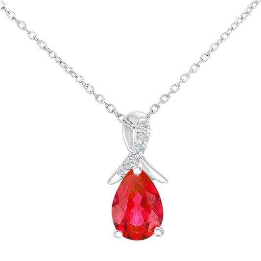9ct White Gold  Diamond Pear 0.87ct Created Ruby Kiss Necklace 18" - PP0AXL5931WCRU