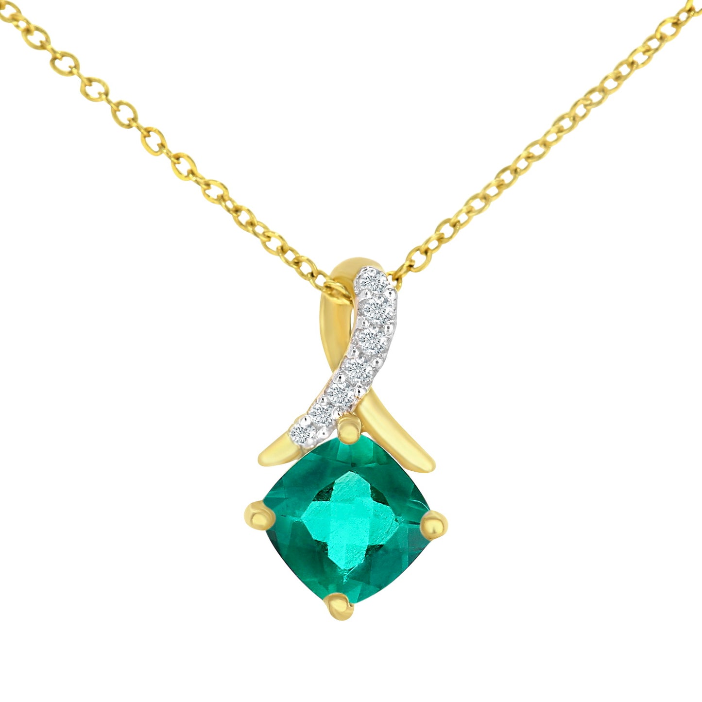 9ct Gold  Diamond Cushion 1/2ct Created Emerald Kiss Necklace 18" - PP0AXL5932YCEM