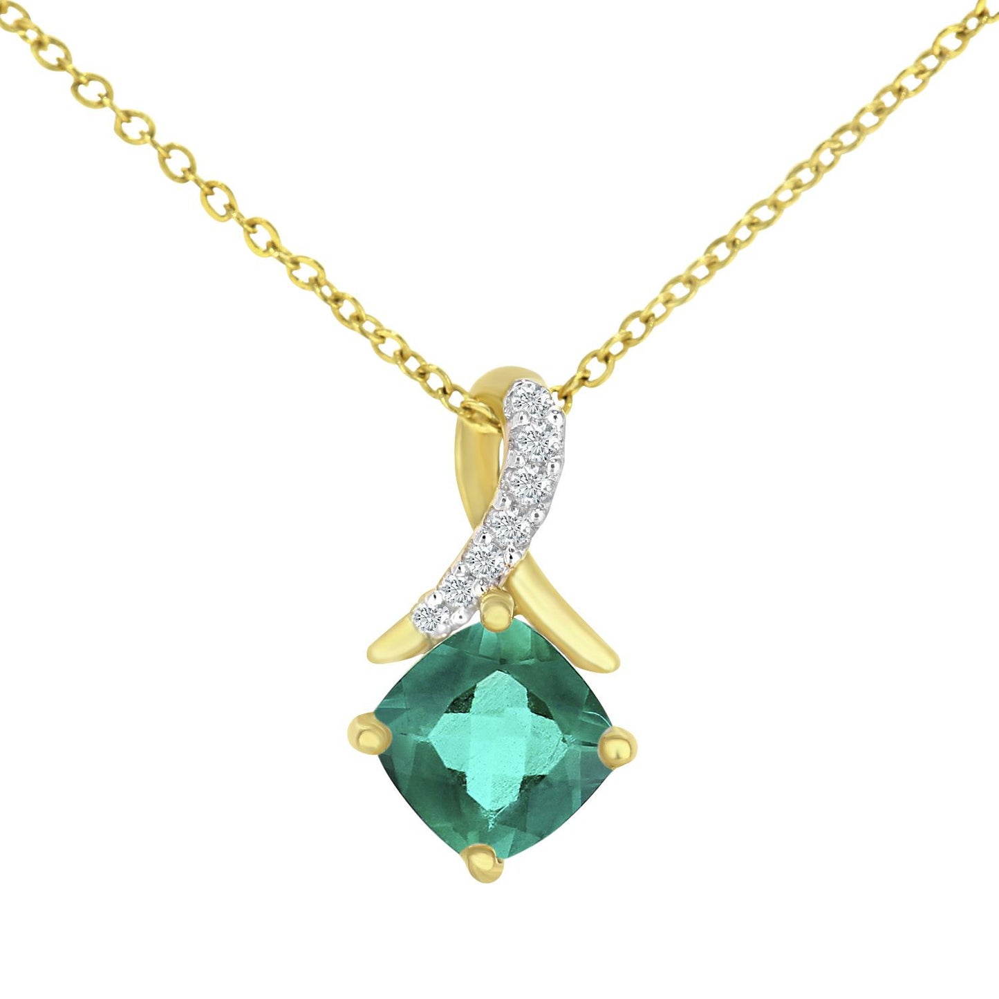 9ct Gold  Diamond Cushion 1/2ct Created Emerald Kiss Necklace 18" - PP0AXL5932YCEM