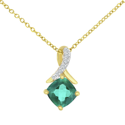 9ct Gold  Diamond Cushion 1/2ct Created Emerald Kiss Necklace 18" - PP0AXL5932YCEM