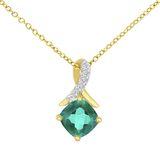 9ct Gold  Diamond Cushion 1/2ct Created Emerald Kiss Necklace 18" - PP0AXL5932YCEM