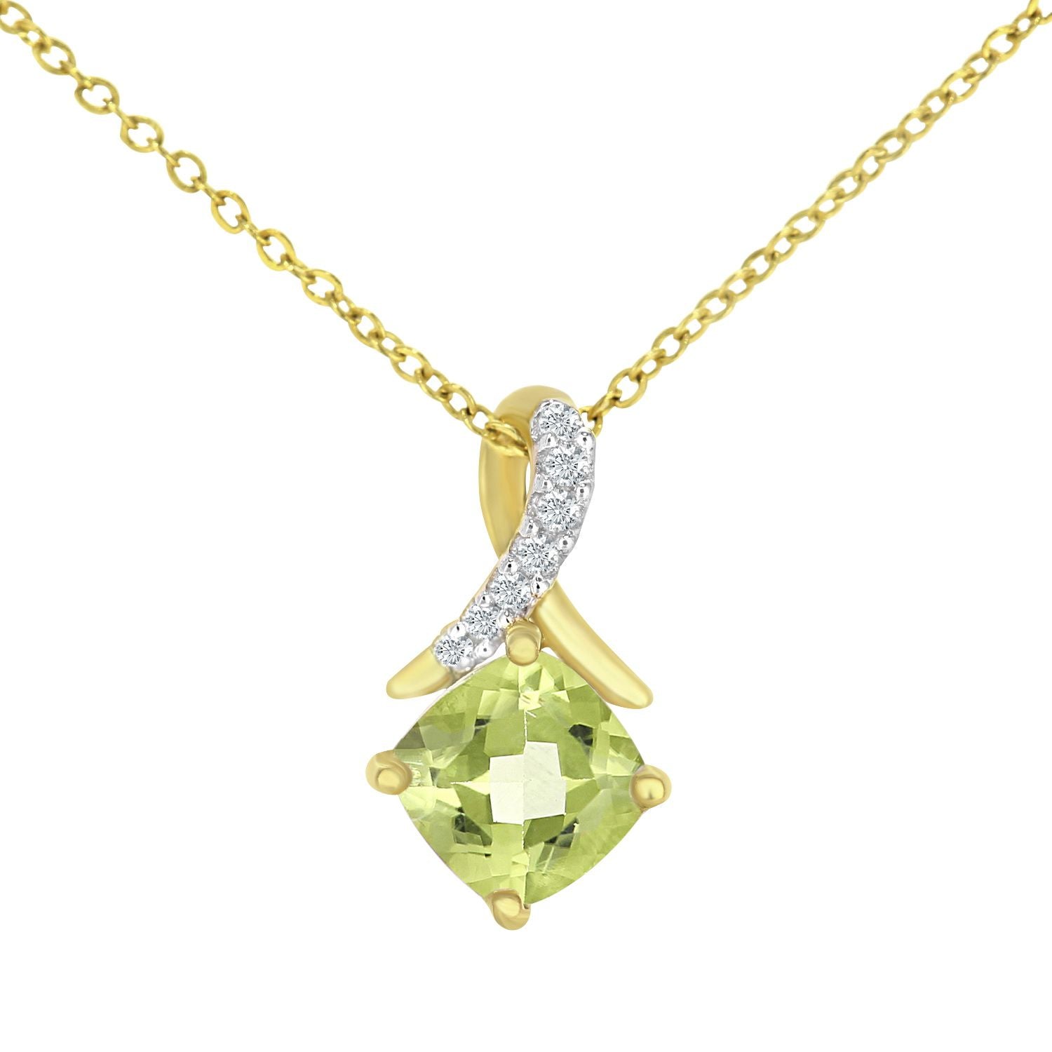 9ct Gold  3pts Diamond Cushion 0.65ct Peridot Kiss Necklace 18" - PP0AXL5932YPD