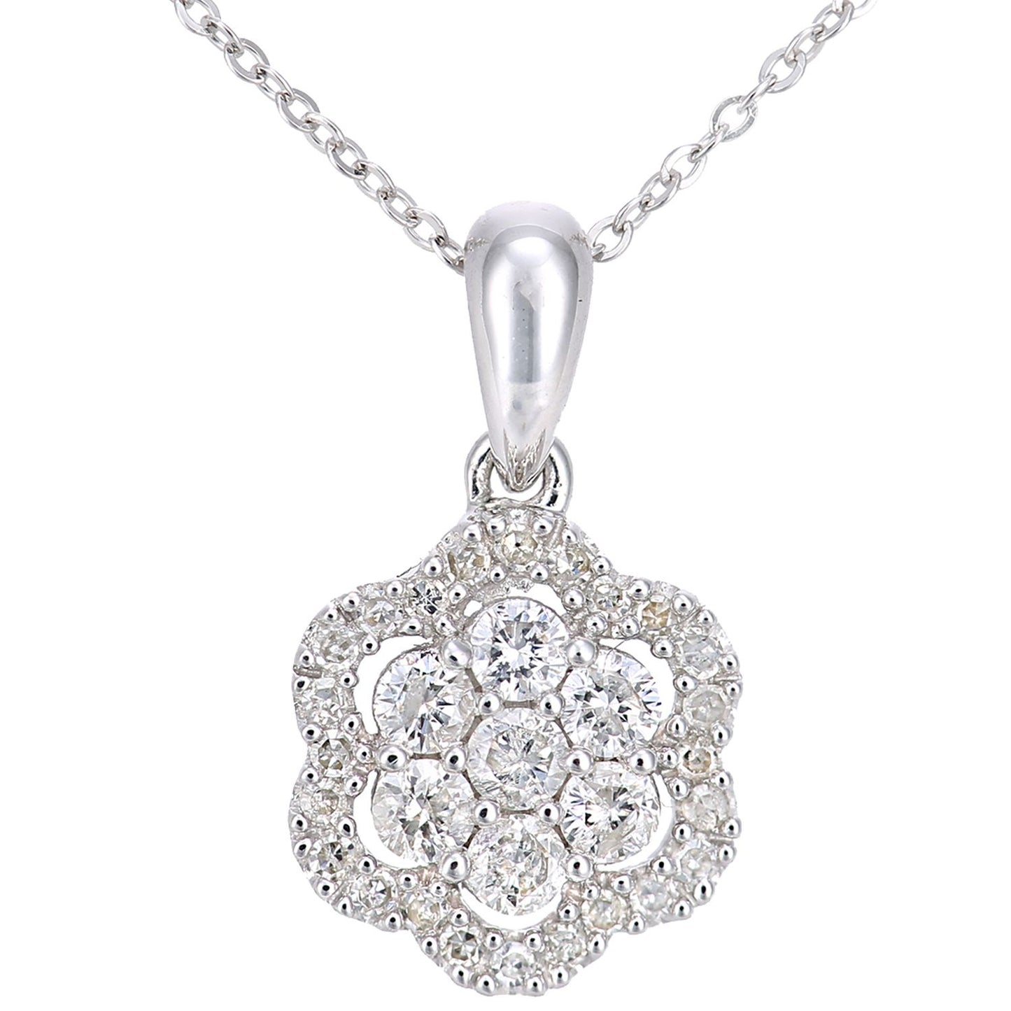 9ct White Gold  0.34ct Diamond Halo Flower Pendant Necklace 18" - PP0AXL6021W