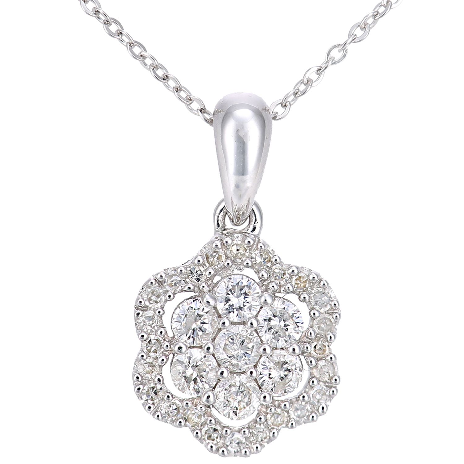 9ct White Gold  0.34ct Diamond Halo Flower Pendant Necklace 18" - PP0AXL6021W