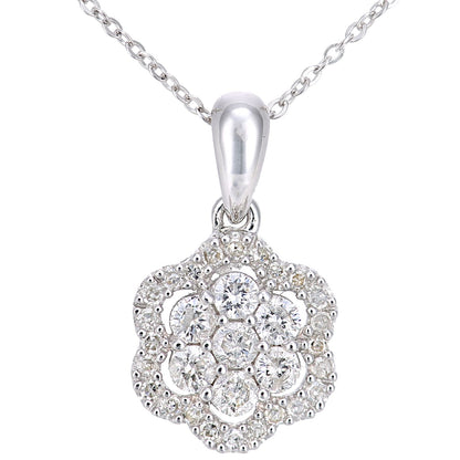 9ct White Gold  0.34ct Diamond Halo Flower Pendant Necklace 18" - PP0AXL6021W