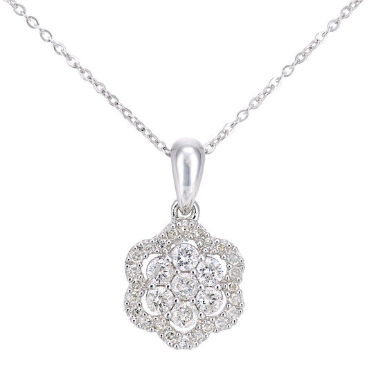 9ct White Gold  0.34ct Diamond Halo Flower Pendant Necklace 18" - PP0AXL6021W
