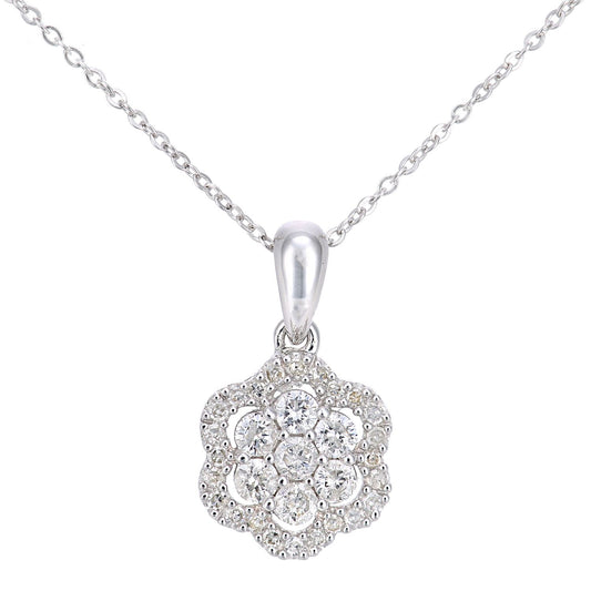 9ct White Gold 0.34ct Diamond Halo Flower Pendant Necklace 18" - PP0AXL6021W