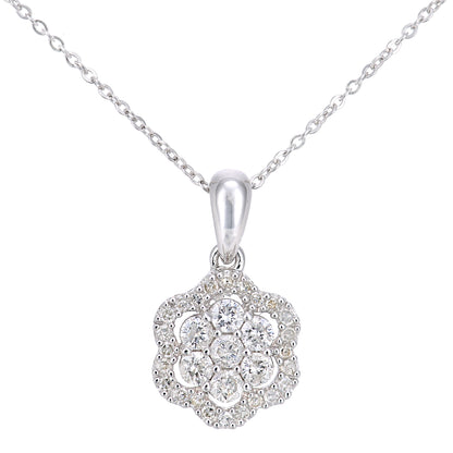 9ct White Gold  0.34ct Diamond Halo Flower Pendant Necklace 18" - PP0AXL6021W