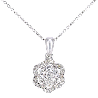 9ct White Gold  0.34ct Diamond Halo Flower Pendant Necklace 18" - PP0AXL6021W