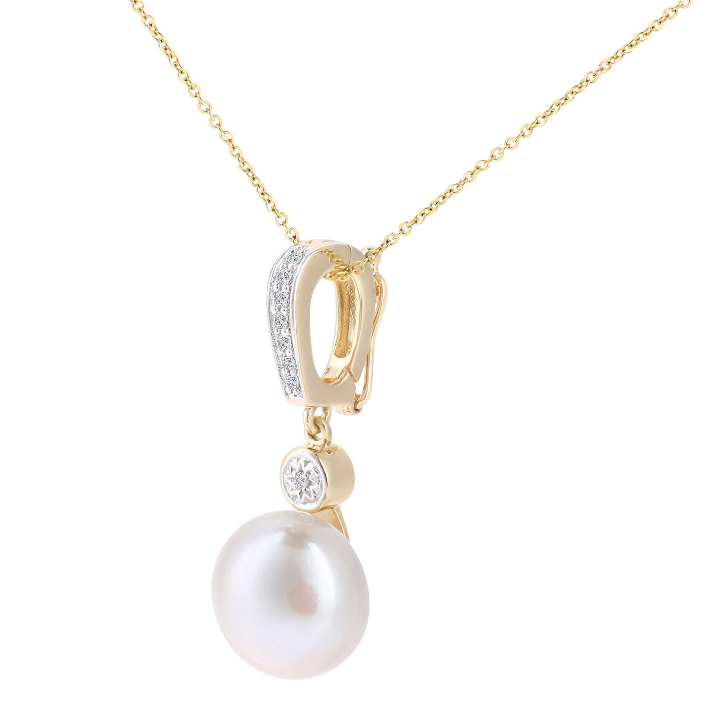 9ct Gold  5pts Diamond Pearl 10.5mm Lightbulb Cap Necklace 18" - PP0AXL6071YPRL