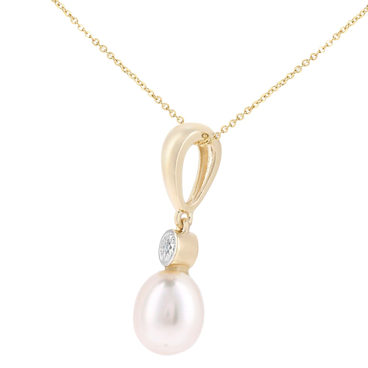 9ct Gold  Diamond Pear Pearl 8x12mm Lightbulb Cap Necklace 18" - PP0AXL6072YPRL