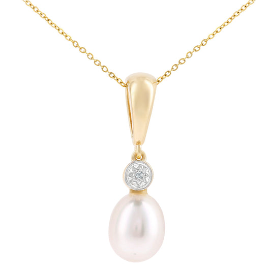 9ct Gold  Diamond Pear Pearl 8x12mm Lightbulb Cap Necklace 18" - PP0AXL6072YPRL