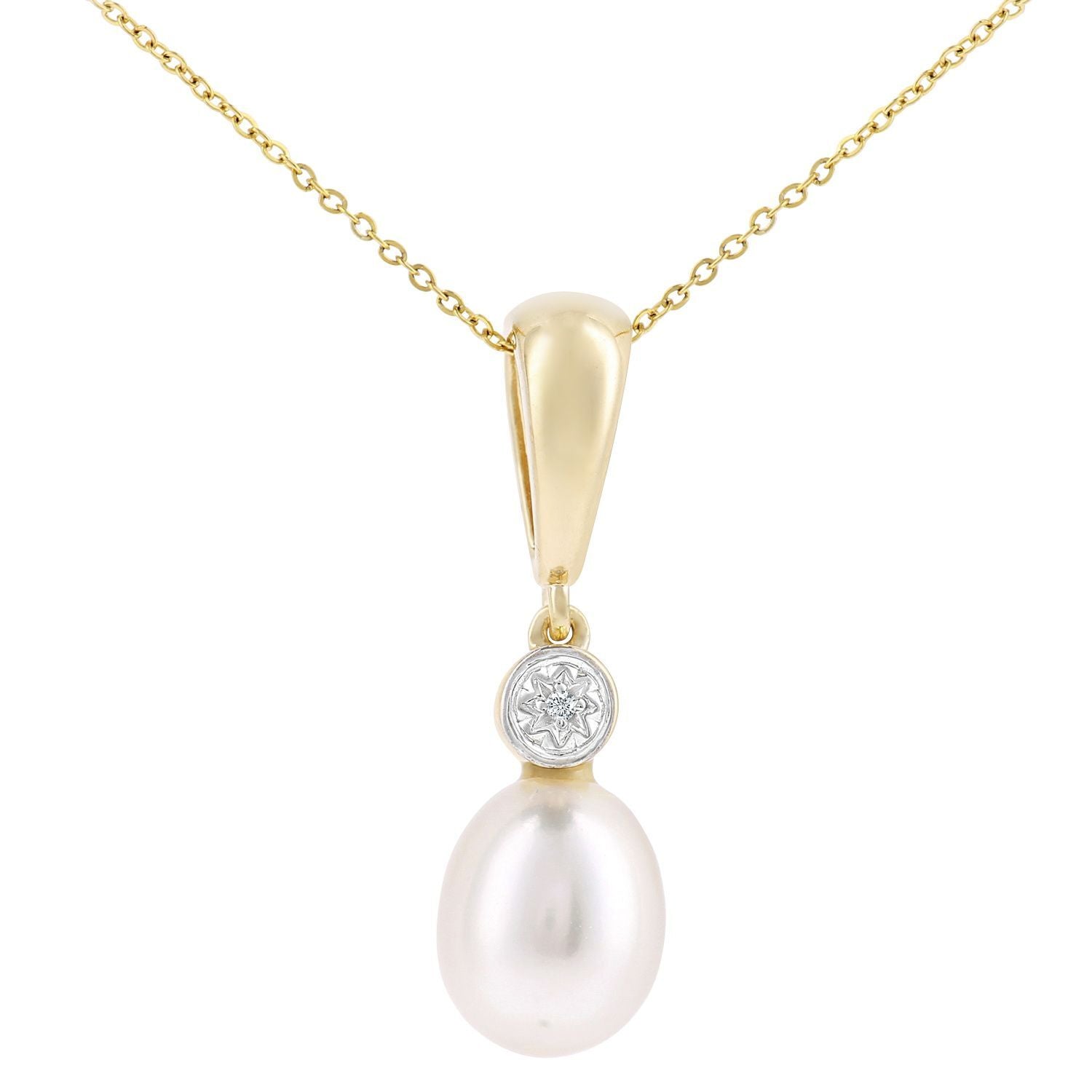 9ct Gold  Diamond Pear Pearl 8x12mm Lightbulb Cap Necklace 18" - PP0AXL6072YPRL