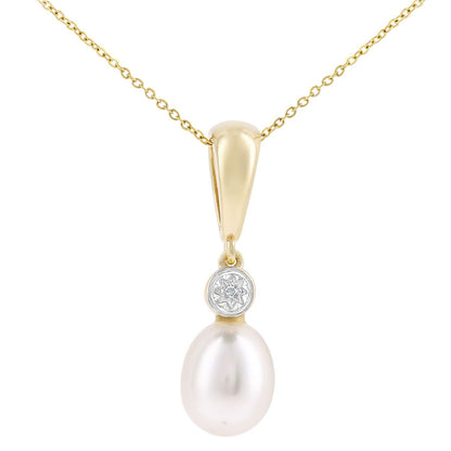 9ct Gold  Diamond Pear Pearl 8x12mm Lightbulb Cap Necklace 18" - PP0AXL6072YPRL