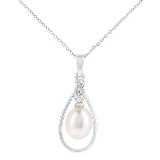 9ct White Gold Diamond Oval Pearl 7x9mm Teardrop Necklace 18" - PP0AXL6073WPRL
