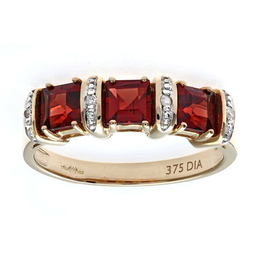 9ct Gold  2pts Diamond 1.36ct Garnet Eternity Trilogy Ring - PR0AXL1810YGT